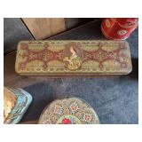 Antique Tin Canister Lot, Log Cabin Syrup, Hostess Fruit Cake, and Others