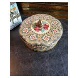 Antique Tin Canister Lot, Log Cabin Syrup, Hostess Fruit Cake, and Others