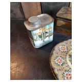 Antique Tin Canister Lot, Log Cabin Syrup, Hostess Fruit Cake, and Others