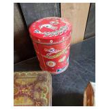 Antique Tin Canister Lot, Log Cabin Syrup, Hostess Fruit Cake, and Others