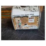 Antique Tin Canister Lot, Log Cabin Syrup, Hostess Fruit Cake, and Others