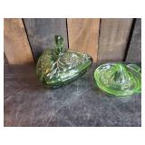 Vintage Green Glass Candy Dish with Lid and Green Glass Juicer