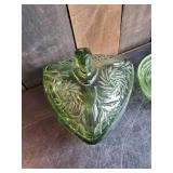 Vintage Green Glass Candy Dish with Lid and Green Glass Juicer