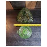 Vintage Green Glass Candy Dish with Lid and Green Glass Juicer