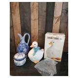 Goose Cookie Jar new in box  Gorgeous Blue Water pitcher, Ceramic Canister `
