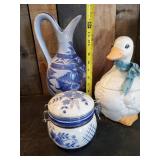 Goose Cookie Jar new in box  Gorgeous Blue Water pitcher, Ceramic Canister `