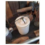 Misc Lot of Vintage, Metal Wall Sconce, Wire Bail Crock, Aluminum Lidded Drinking Glasses, and Much more