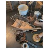 Misc Lot of Vintage, Metal Wall Sconce, Wire Bail Crock, Aluminum Lidded Drinking Glasses, and Much more