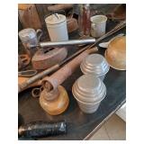 Misc Lot of Vintage, Metal Wall Sconce, Wire Bail Crock, Aluminum Lidded Drinking Glasses, and Much more