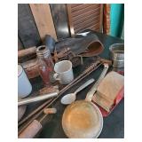 Misc Lot of Vintage, Metal Wall Sconce, Wire Bail Crock, Aluminum Lidded Drinking Glasses, and Much more