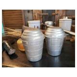 Misc Lot of Vintage, Metal Wall Sconce, Wire Bail Crock, Aluminum Lidded Drinking Glasses, and Much more