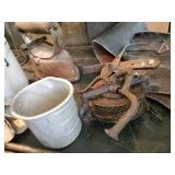 Misc Lot of Vintage, Metal Wall Sconce, Wire Bail Crock, Aluminum Lidded Drinking Glasses, and Much more