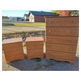 Solid Wooden 5 Drawer dresser and Matching Side Tables in Great Condition
