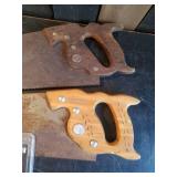 Saw Lot, Metal never used blades and 2 vintage wood handle Hand saws