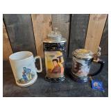 2 Steins Elvis Heartbreak Hotel & Eagle of the Last Frontier, and a Norman Rockwell Mug