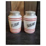 Very Cool Vintage Milk Glass Sugar and Flour Shakers in Great Condition