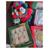 Christmas Lot of Various Holiday Items Mr. and Mrs Claus still in Box, Garland, Ornaments and much more