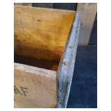 Wooden Clovef Leaf Box with metal edging in good Condition