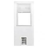 Steves & Sons 31-3/4 in. x 79 in. Reliant Series Clear 1/2-Lite Mini-Blind White Primed Fiberglass Front Door Slab w/ Medium Pet Door   Customer Returns See Pictures