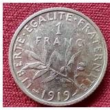 1919 France Silver 1 Franc Coin