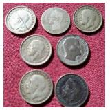 (7) Small Silver Coins - Mostly British 3 Pence