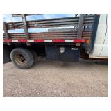 2007 White Chevy 3500 Diesel truck, flatbed with side rails, rack extending over the cab