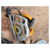 Pallet of corded tools: circular saws, cutoff saws, jigsaws, angle sander, pulleys