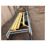 Industrial Steel pallet racking cross beams/uprights, disassembled. Plywood sheets for shelves.