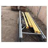 Industrial Steel pallet racking cross beams/uprights, disassembled. Plywood sheets for shelves.