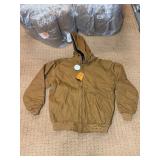 5 shelves of apparel: jackets, hoodies, sweatshirts