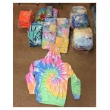 5 shelves of apparel: jackets, hoodies, sweatshirts