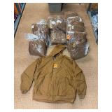 5 shelves of apparel: jackets, hoodies, sweatshirts