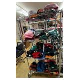 Winter hats, baseball caps and flags (top shelf)