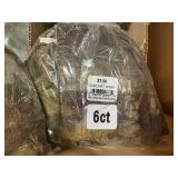 3 shelves of camo/orange hunting gear. Jackets, sweatshirts, hats, foam footballs