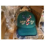 3 shelves of camo/orange hunting gear. Jackets, sweatshirts, hats, foam footballs