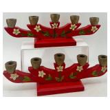 Vintage Scandinavian Style Red Hand-Painted Floral Wooden Candle Holder Set