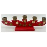 Vintage Scandinavian Style Red Hand-Painted Floral Wooden Candle Holder Set