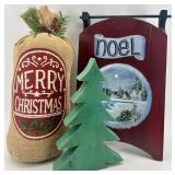 Christmas Decor Lot & Wooden Trees Noel Sign & Burlap Sack