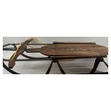 Vintage Wooden Toboggan Sled With Metal Frame & Rope