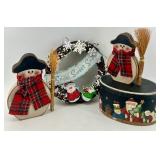 Vintage Christmas Snowman Figures With Twig Wreath Set