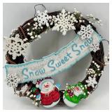 Vintage Christmas Snowman Figures With Twig Wreath Set