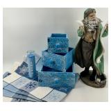 Winter Holiday Decor Lot: Snowflake Placemats, Let It Snow Candle, Blue Boxes and Santa