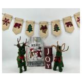 Merry Christmas Decor Set: Green Reindeer Topiaries, JOY Blocks & LED Sign