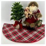 Plaid Tree Skirt & Burlap Tree, Santa Figurine & Teddy Bear Holiday Decor Lot