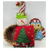 Christmas Decor Lot Tree Pillow, Snowman and Owl wall hangers & Woven Basket