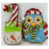 Christmas Decor Lot Tree Pillow, Snowman and Owl wall hangers & Woven Basket