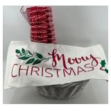 Merry Christmas Banner & Decorative Mesh Rolls & White Wicker Basket