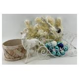 Glittery White Reindeer & Sleigh Decor Set With Turquoise Ornaments