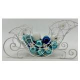 Glittery White Reindeer & Sleigh Decor Set With Turquoise Ornaments