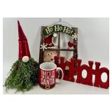Holiday Decor Lot: Santa Mug & Sign, Ho Ho Ho Sign & Gnome